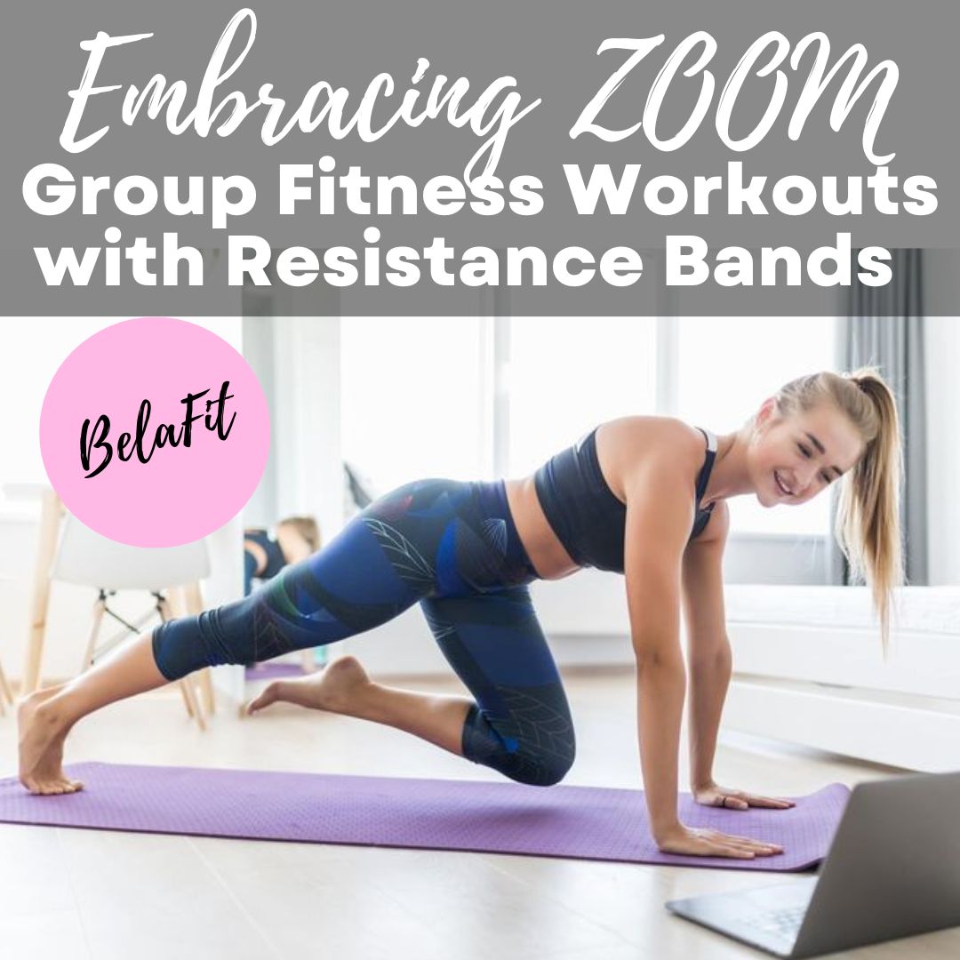 Belafit group workouts with resistance bands at home online via zoom feature