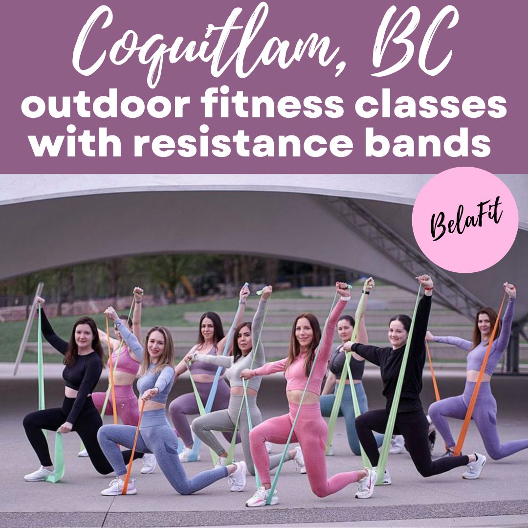 Belafit group fitness classes with resistance bands outdoors in Tri-Cities parks in Coquitlam and Port Moody feature
